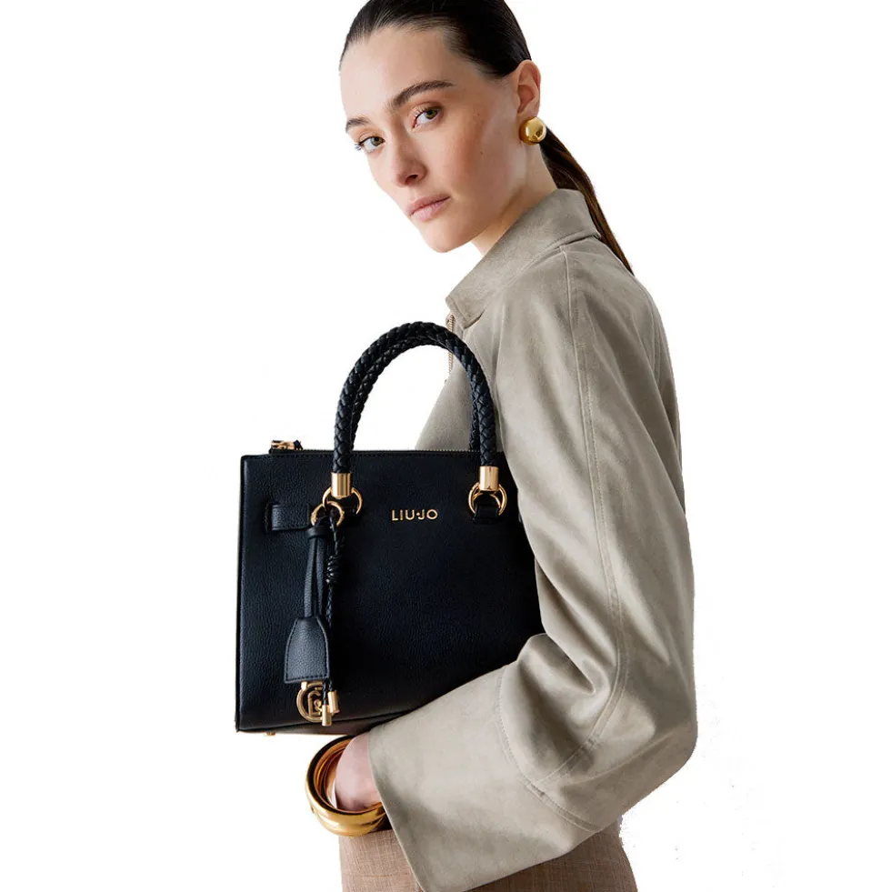 Borsa Donna a Mano LIU JO Better effetto Bottalato Nero con Charm