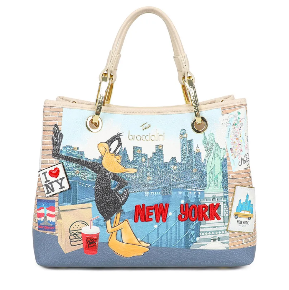 Borsa Donna a Mano Media BRACCIALINI linea Cartoline Looney Tunes stampa New York