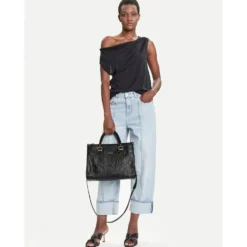 Borsa Donna a Mano Media LIU JO effetto Bottalato con Logo in Rilievo All Over Nero
