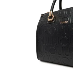 Borsa Donna a Mano Media LIU JO effetto Bottalato con Logo in Rilievo All Over Nero