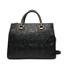 Borsa Donna a Mano Media LIU JO effetto Bottalato con Logo in Rilievo All Over Nero