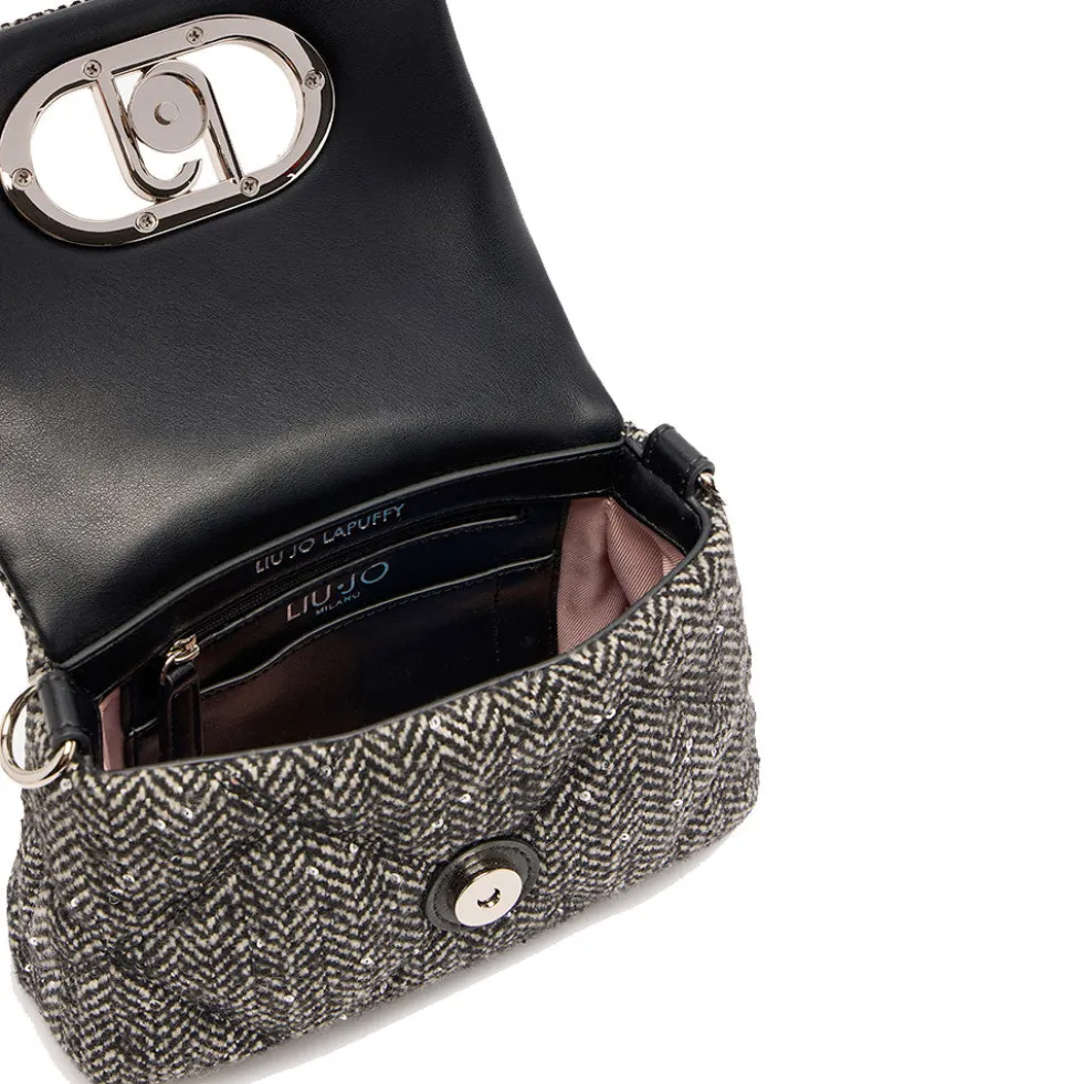 Borsa Donna a Tracolla Piccola LIU JO linea LaPuffy in Tessuto Chevron Nero con Paillettes