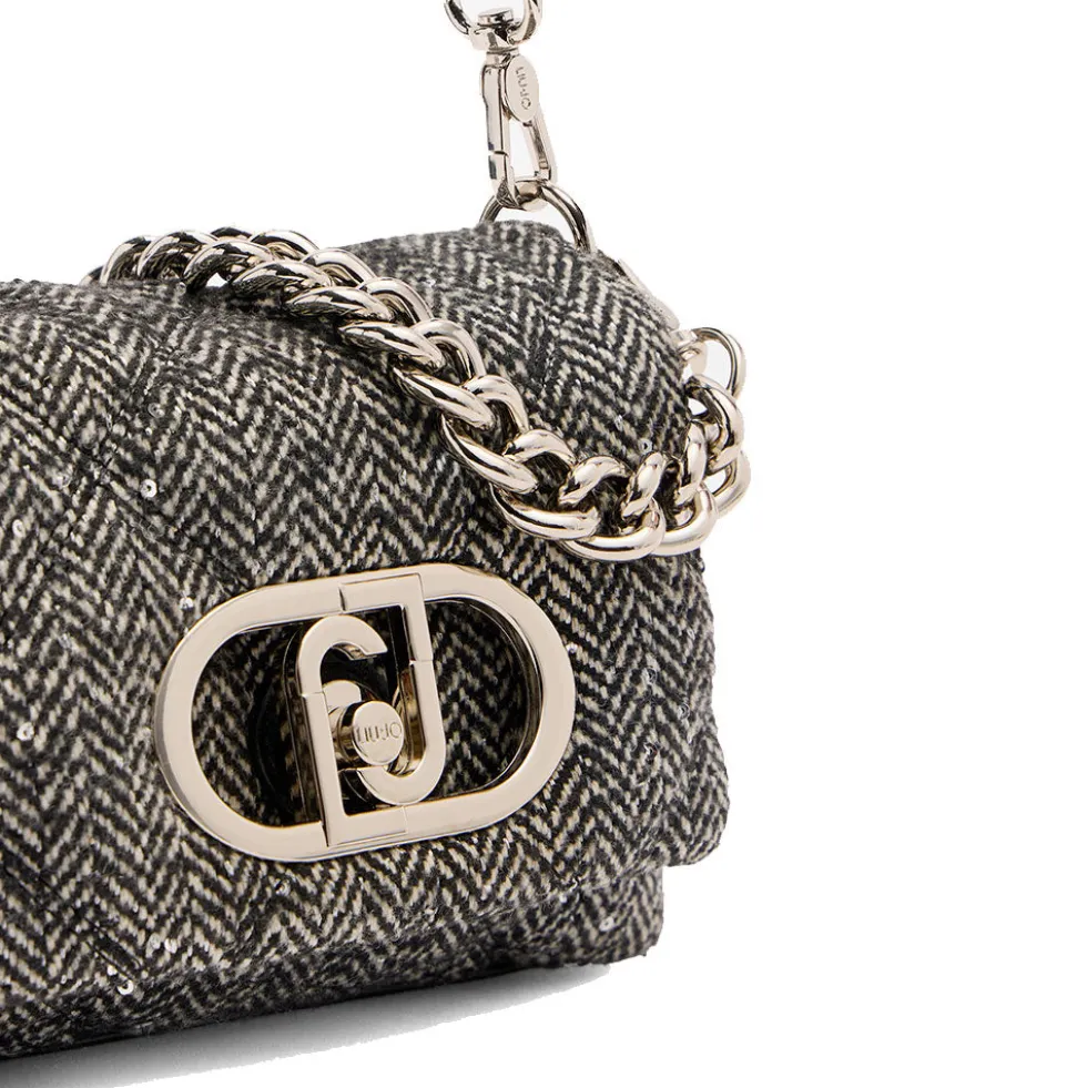 Borsa Donna a Tracolla Piccola LIU JO linea LaPuffy in Tessuto Chevron Nero con Paillettes