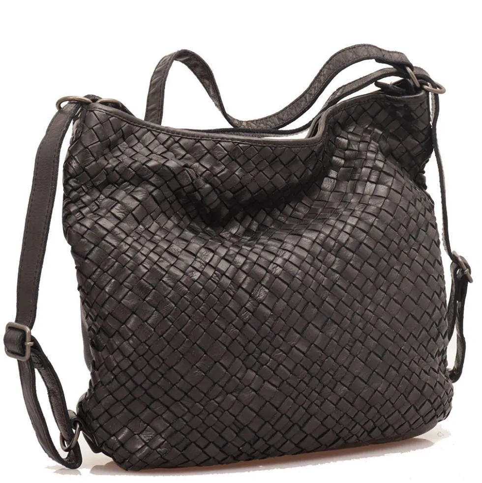 Borsa Donna con Portabilità a Zaino GIANNI CONTI in Pelle Intrecciata Nera