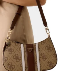 Borsa Donna Hobo a Spalla GUESS Linea Noelle colore Latte Logo - Brown Misura Piccola