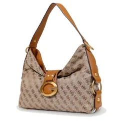Borsa Donna Hobo a Spalla GUESS Linea Camden Colore Latte Logo - Cognac