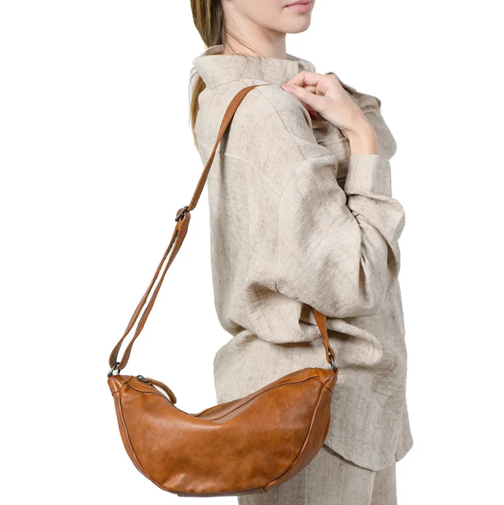 Borsa Donna Mezzaluna Small a Tracolla GIANNI CONTI linea Fiorella in Pelle color Cognac