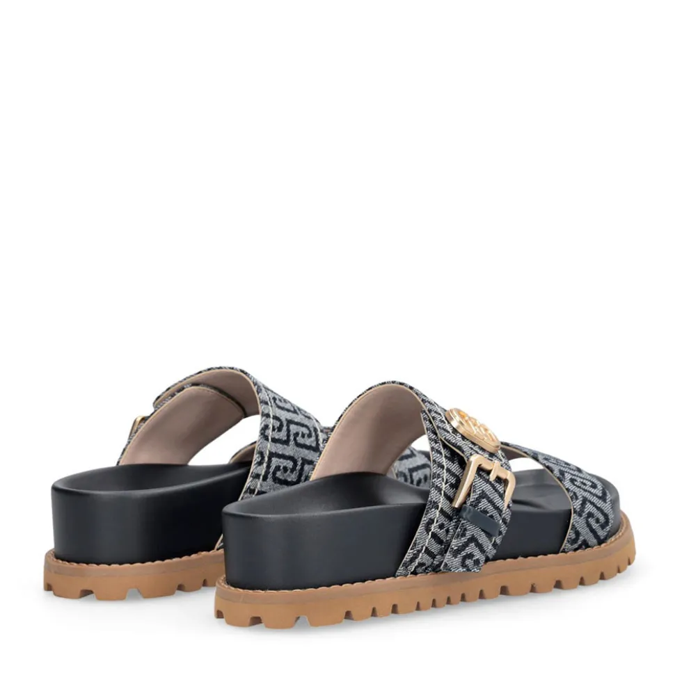 Ciabatte Donna Doppia Fascia LIU JO Livia 02 in Denim Jacquard Logato Blu Scuro