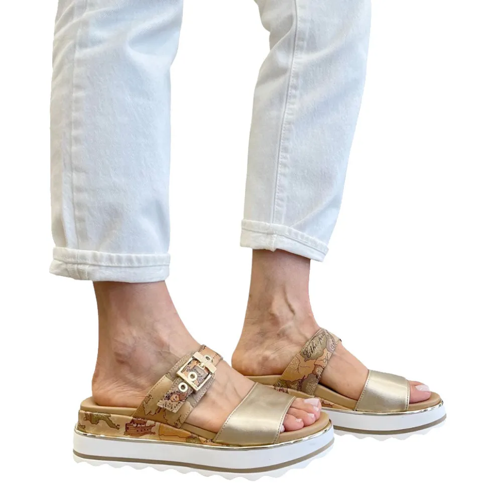 Ciabatte Platform Doppia Fascia 1A Classe Alviero Martini in Eco Nappa Platino e Geo Classic 2465