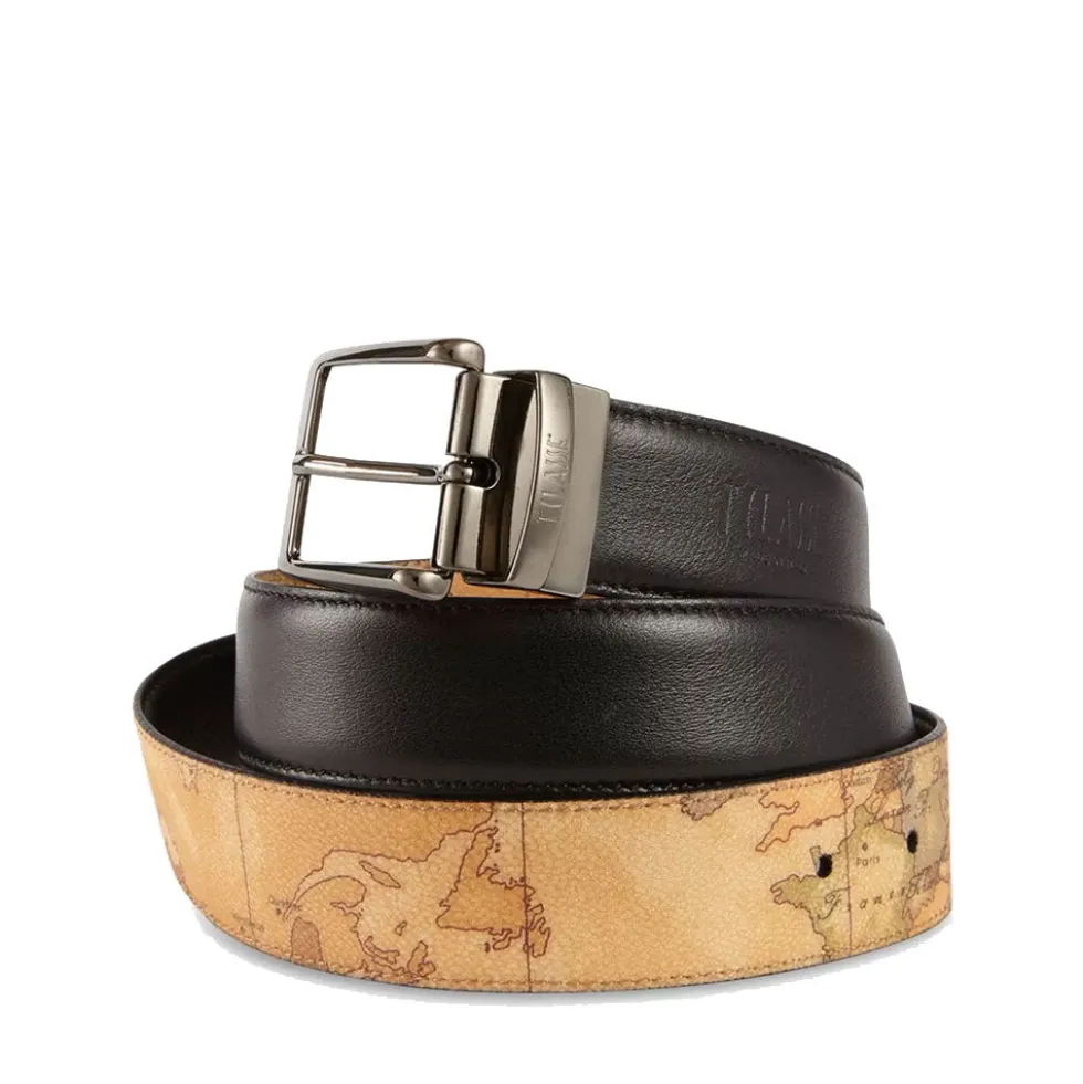 Cintura Uomo Double Face h 3,5 cm 1A Classe Alviero Martini stampa Geo Classic e Pelle Nera A485