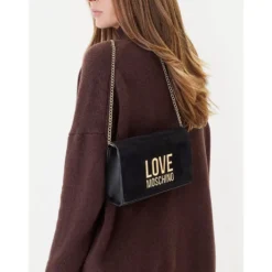 Clutch Donna con Tracolla LOVE MOSCHINO linea Gold Metal Logo in Tessuto Soft Nero