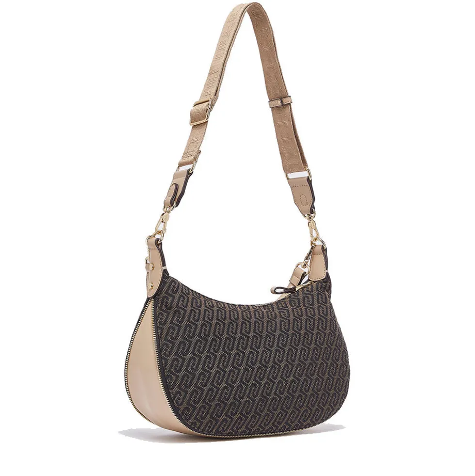 Hobo Bag Media con Tracolla LIU JO in Tessuto Jacquard Testa di Moro con Logo All Over