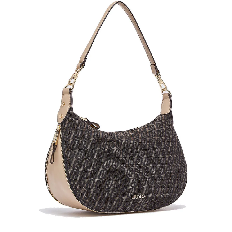 Hobo Bag Media con Tracolla LIU JO in Tessuto Jacquard Testa di Moro con Logo All Over