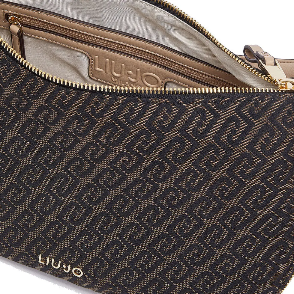 Hobo Bag Media con Tracolla LIU JO in Tessuto Jacquard Testa di Moro con Logo All Over