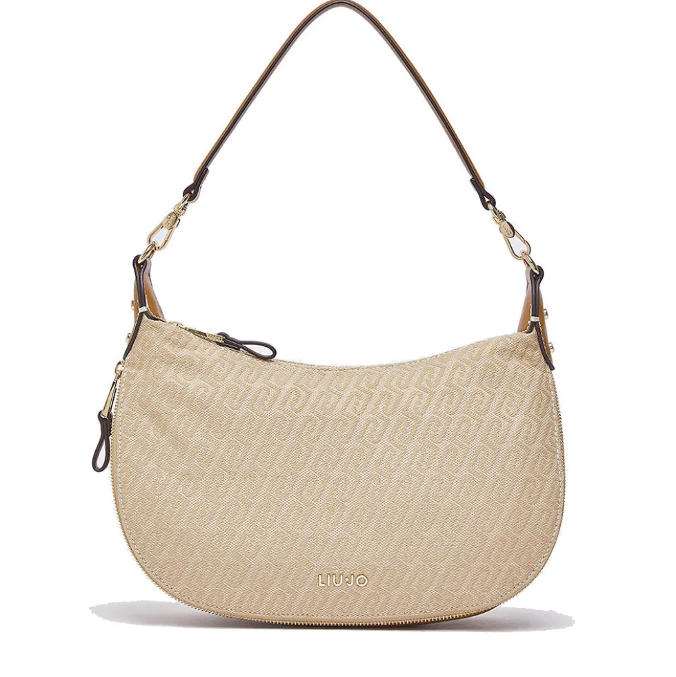 Hobo Bag Media con Tracolla LIU JO in Tessuto Jacquard Beige con Logo All Over