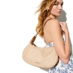 Hobo Bag Media con Tracolla LIU JO in Tessuto Jacquard Beige con Logo All Over