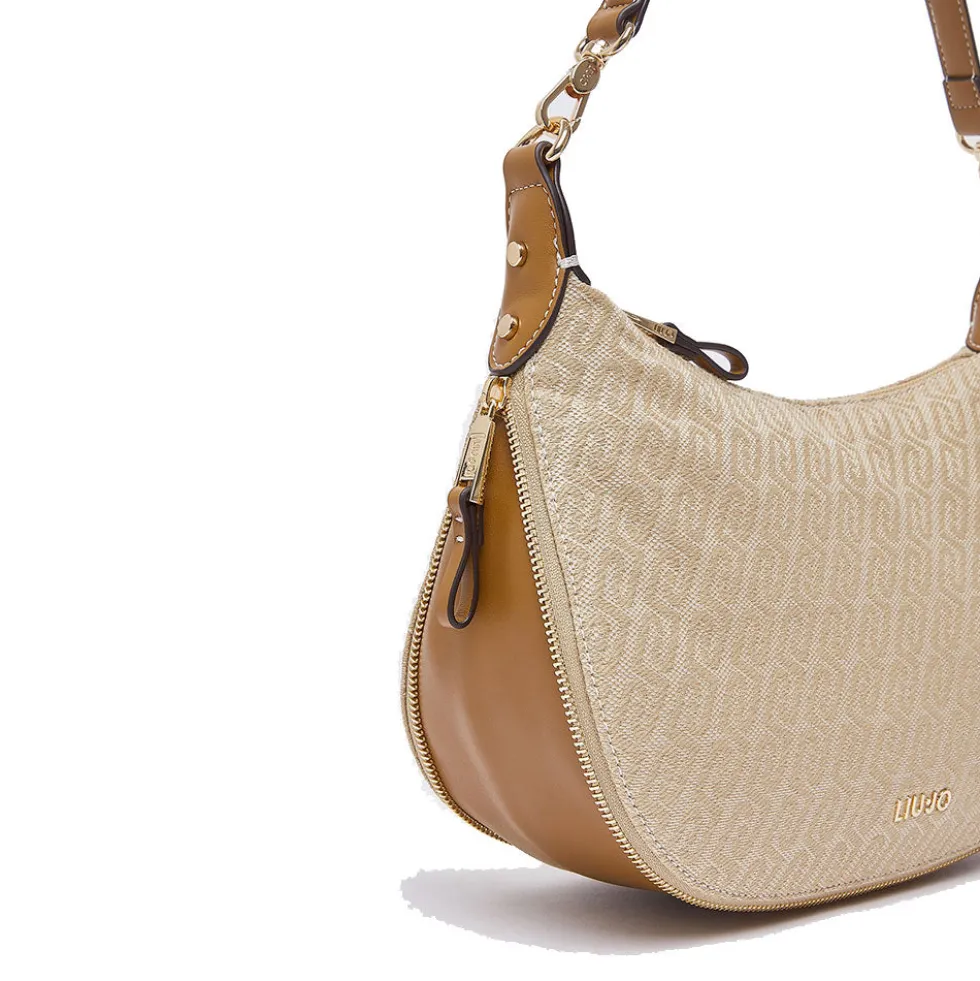 Hobo Bag Media con Tracolla LIU JO in Tessuto Jacquard Beige con Logo All Over