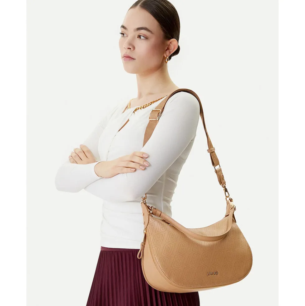Hobo Bag Media con Tracolla LIU JO color Cammello con Logo Laserato Monogram