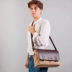 Messenger Uomo THE BRIDGE linea Igor in Tessuto Cerato Beige e Pelle Testa di Moro