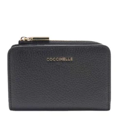 Portafoglio Donna Piatto COCCINELLE in Pelle Nera Linea Metallic Soft