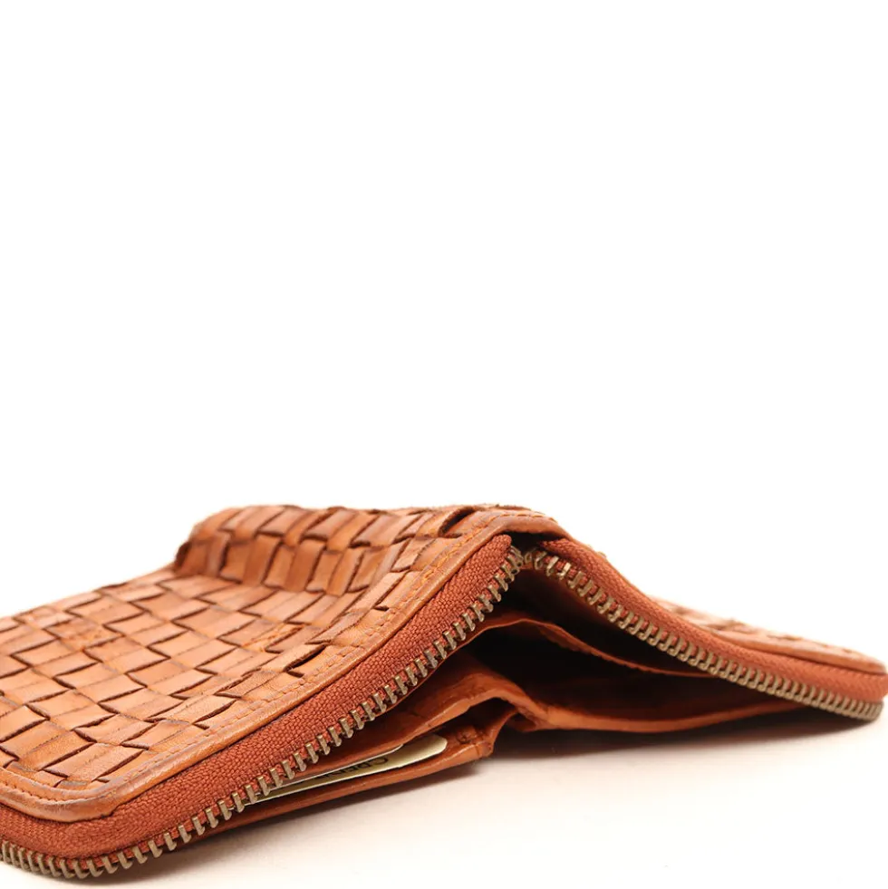 Portafoglio Donna Piccolo Zip Around in Pelle Color Cognac Intrecciata Gianni Conti