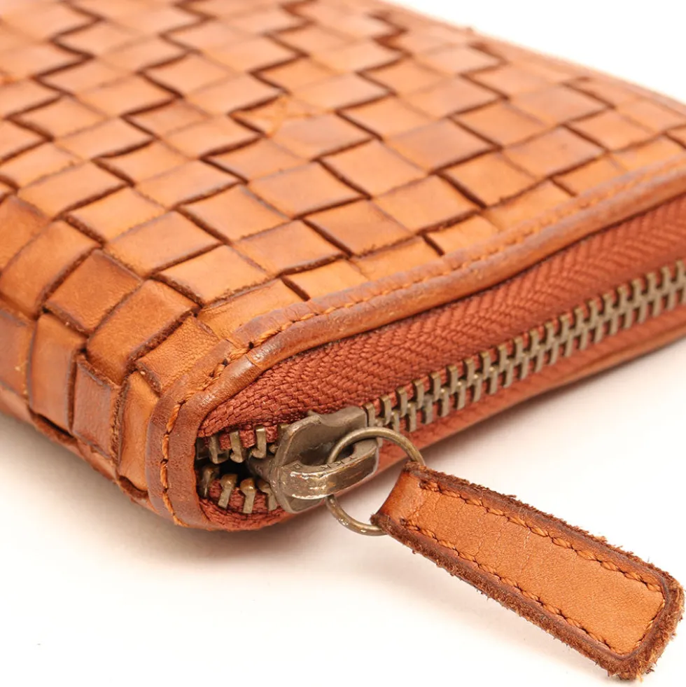 Portafoglio Donna Piccolo Zip Around in Pelle Color Cognac Intrecciata Gianni Conti