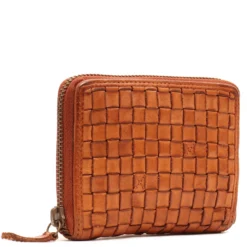 Portafoglio Donna Piccolo Zip Around in Pelle Color Cognac Intrecciata Gianni Conti
