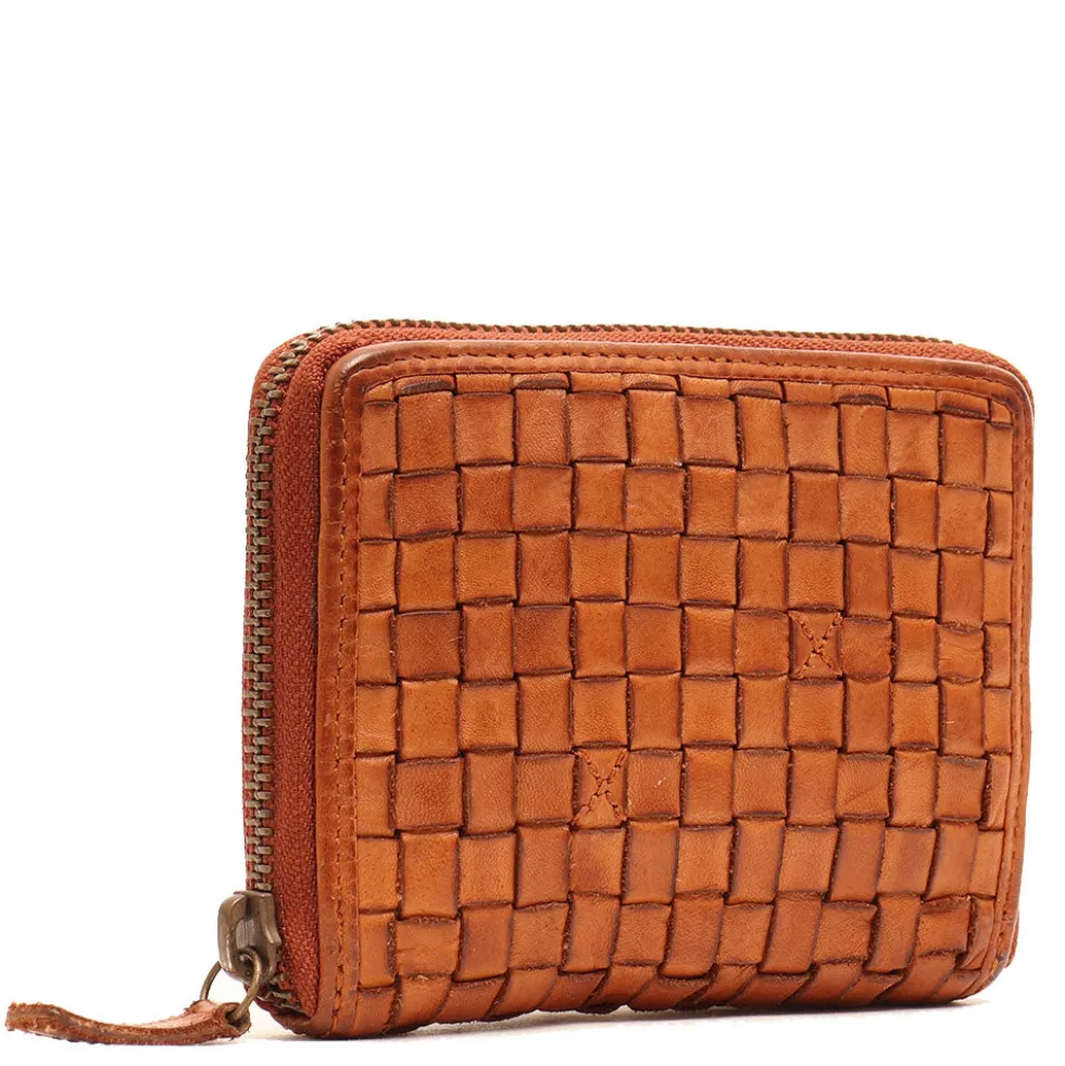 Portafoglio Donna Piccolo Zip Around in Pelle Color Cognac Intrecciata Gianni Conti