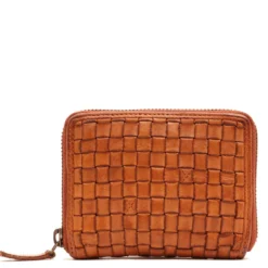 Portafoglio Donna Piccolo Zip Around in Pelle Color Cognac Intrecciata Gianni Conti