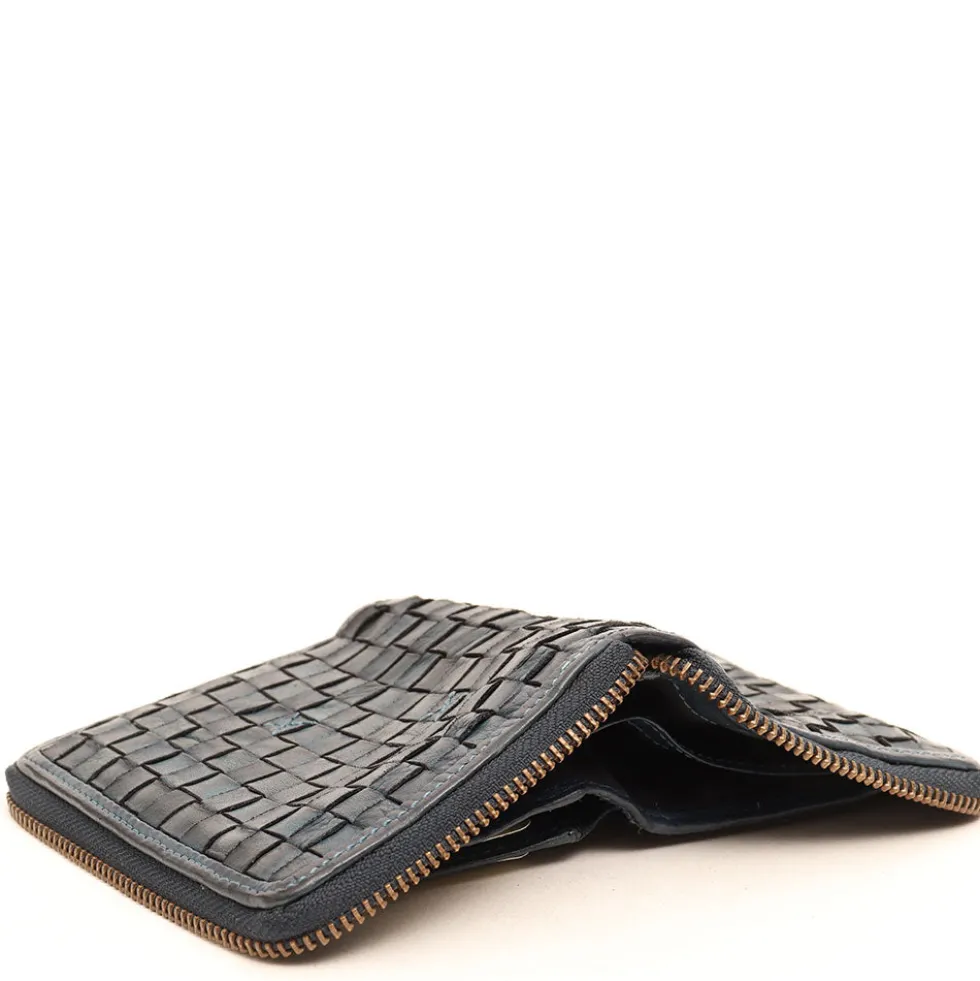 Portafoglio Donna Piccolo Zip Around in Pelle Color Jeans Intrecciata Gianni Conti