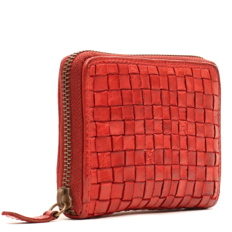Portafoglio Donna Piccolo Zip Around in Pelle Rossa Intrecciata Gianni Conti