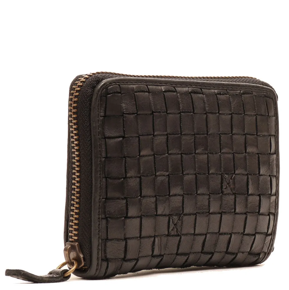 Portafoglio Donna Piccolo Zip Around in Pelle Nera Intrecciata Gianni Conti