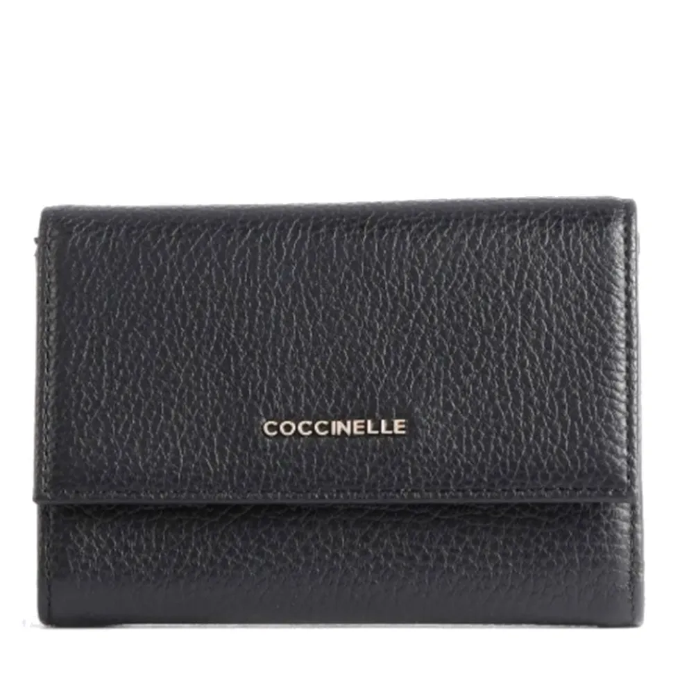 Portafoglio Piccolo COCCINELLE in Pelle Martellata Linea Metallic Soft colore Nero