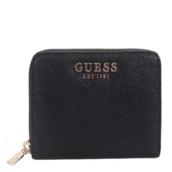 Portafoglio Piccolo GUESS Chiuso con Zip Linea Laurel Colore Nero Stampa Saffiano