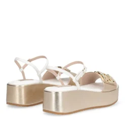 Sandali Donna con Zeppa LIU JO Flo 01 in Pelle Bianco e Light Gold