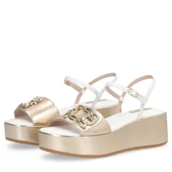 Sandali Donna con Zeppa LIU JO Flo 01 in Pelle Bianco e Light Gold