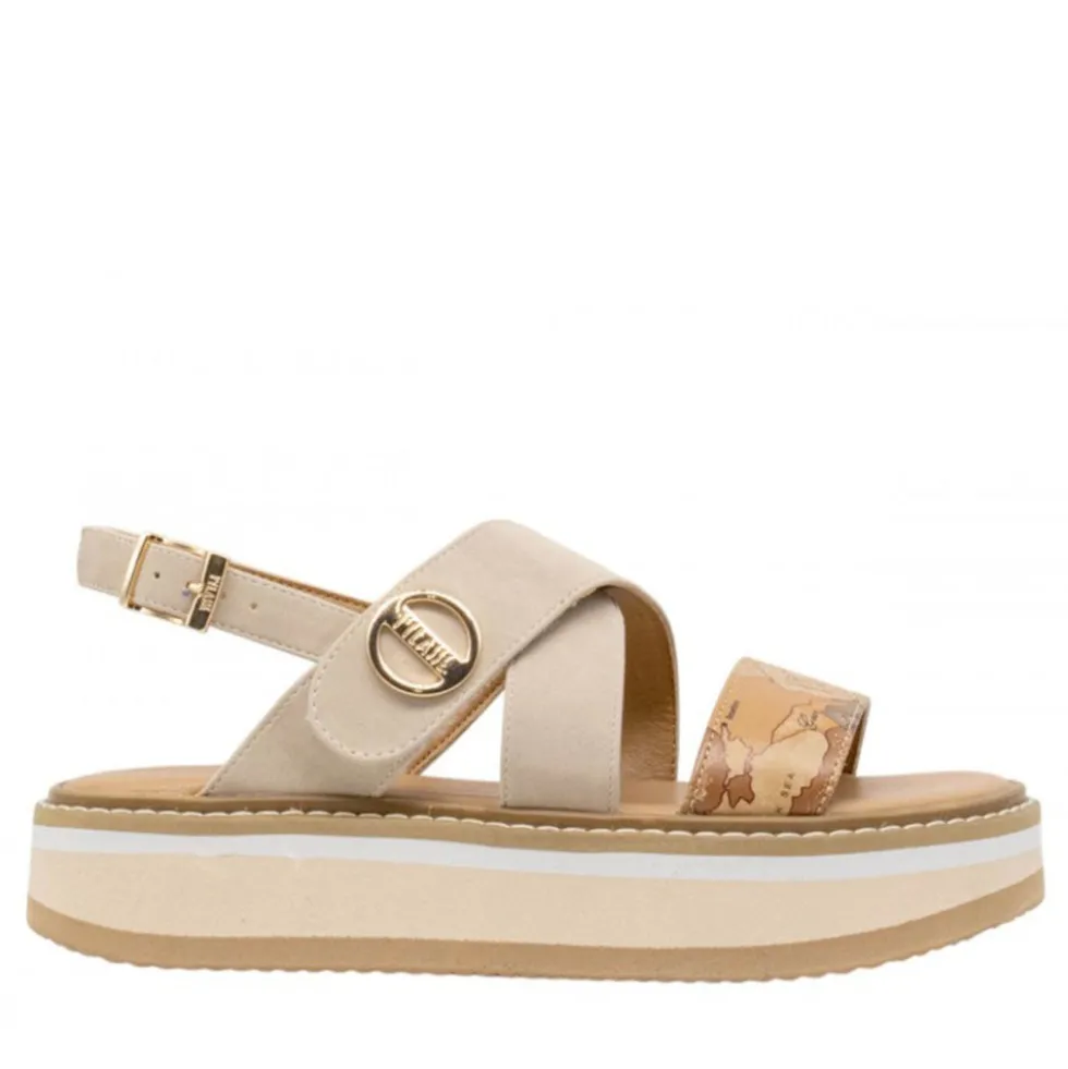 Sandali Platform 1A Classe Alviero Martini in Eco Nappa Scamosciata Sabbia e Geo Beige 2461