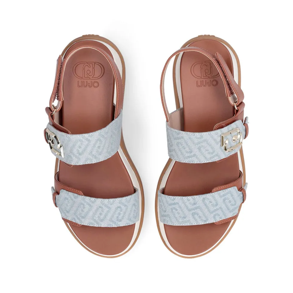 Sandali Platform Donna LIU JO Fiona 02 color Cuoio con Inserti Denim stampa Monogram