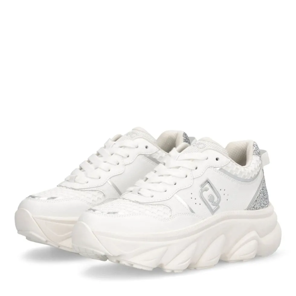 Scarpe Donna LIU JO Steffy 01 Sneakers Chuncky in Pelle Bianca con Inserto Glitter Argento