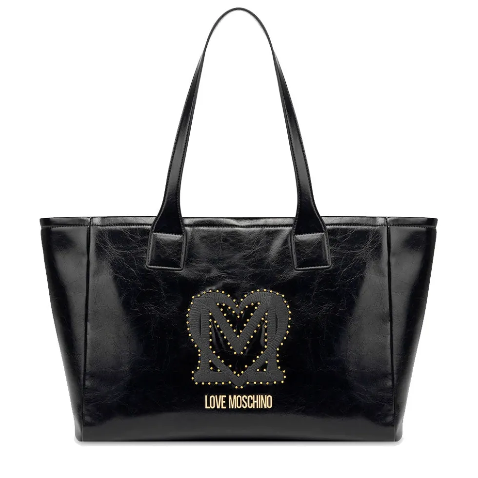 Shopping Bag LOVE MOSCHINO Nera con Logo Ricamato e Borchie