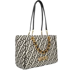 Shopping Bag Media Donna LIU JO in Tessuto Jacquard Bianco e Nero con Logo Monogram