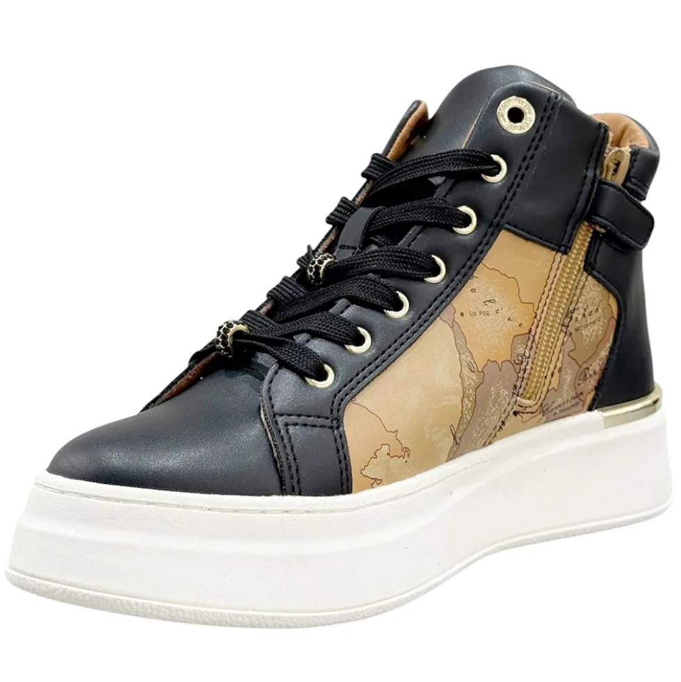 Sneakers Alte 1A Classe Alviero Martini in Eco Nappa Nera con Inserti Geo Beige 2264