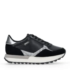Sneakers Donna LIU JO Evelyn 915 in Microfibra Perforata Nera con Inserto Glitter Argento