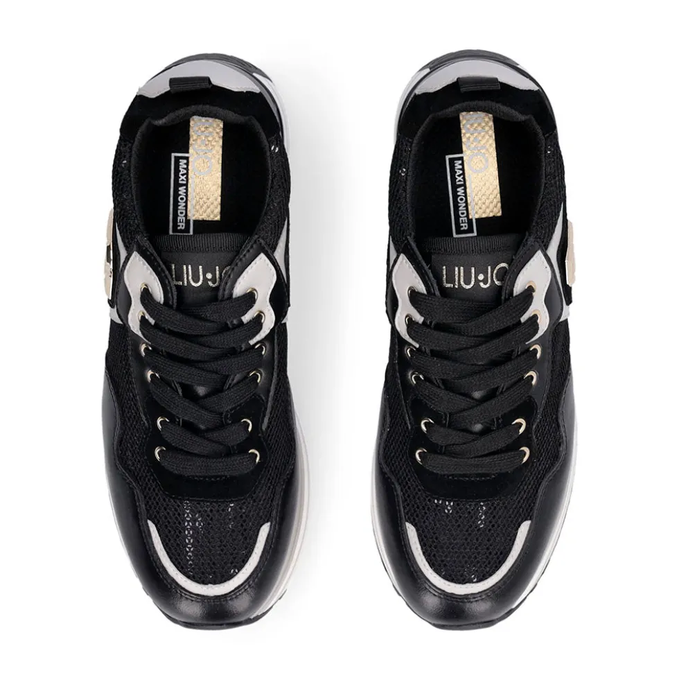 Sneakers Platform Donna LIU JO Maxi Wonder 01 in Pelle e Mesh Nero con Paillettes