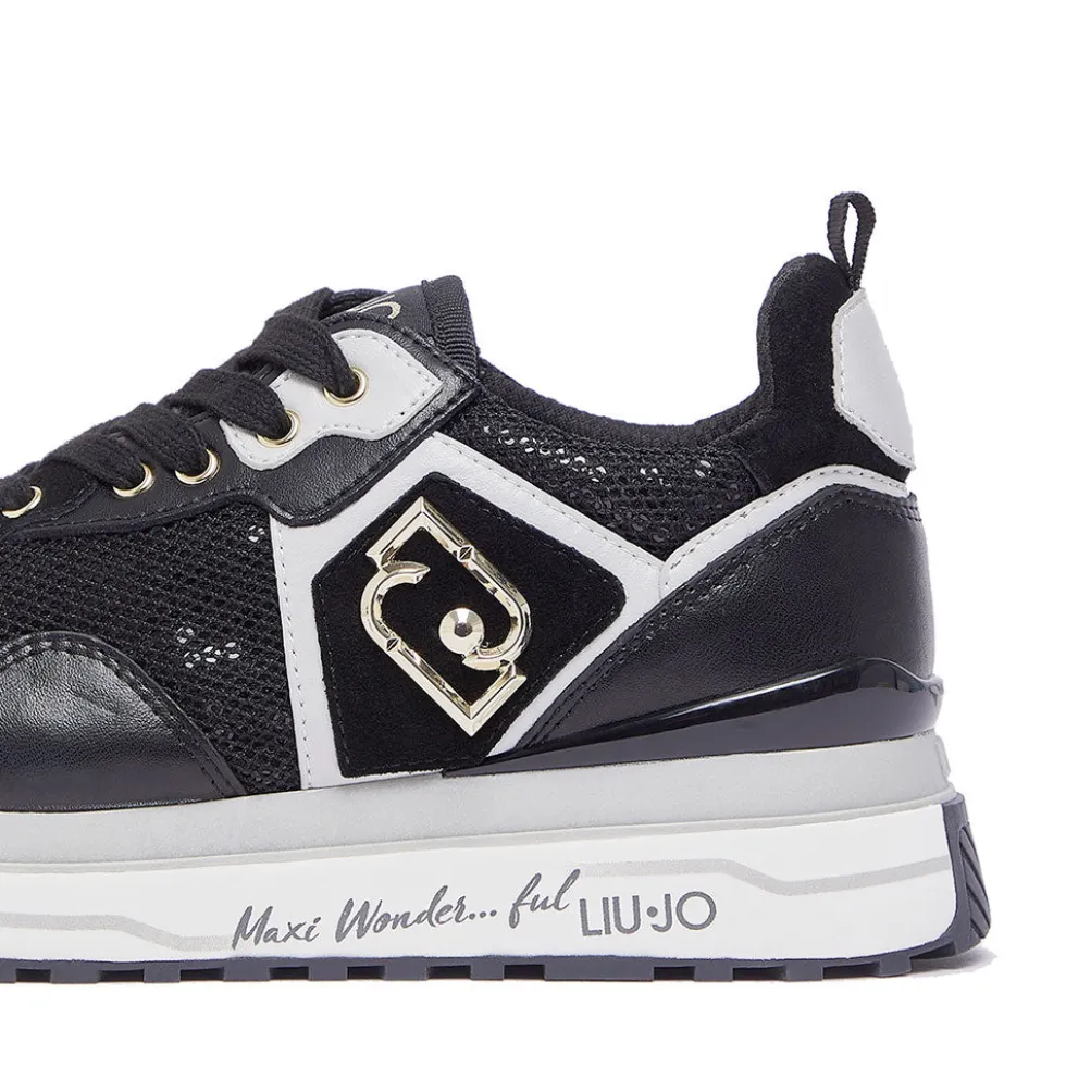 Sneakers Platform Donna LIU JO Maxi Wonder 01 in Pelle e Mesh Nero con Paillettes