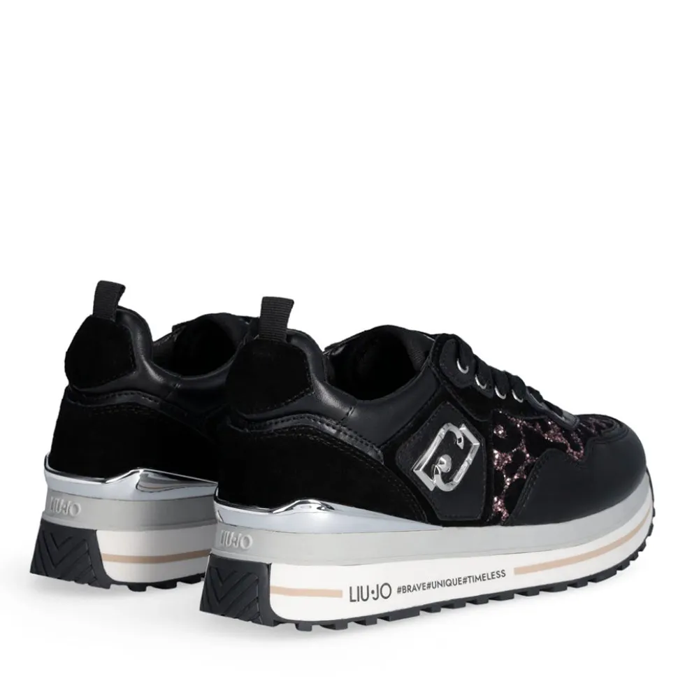 Sneakers Platform Donna LIU JO Maxi Wonder 01 in Pelle Suede e Inserti Glitter Animalier Black Rose