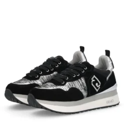 Sneakers Platform Donna LIU JO Maxi Wonder 01 in Suede Nero e Inserti Laminati Silver