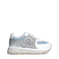 Sneakers Platform Donna LIU JO Maxi Wonder 87 in Tessuto Monogram Denim con Inserti Glitter