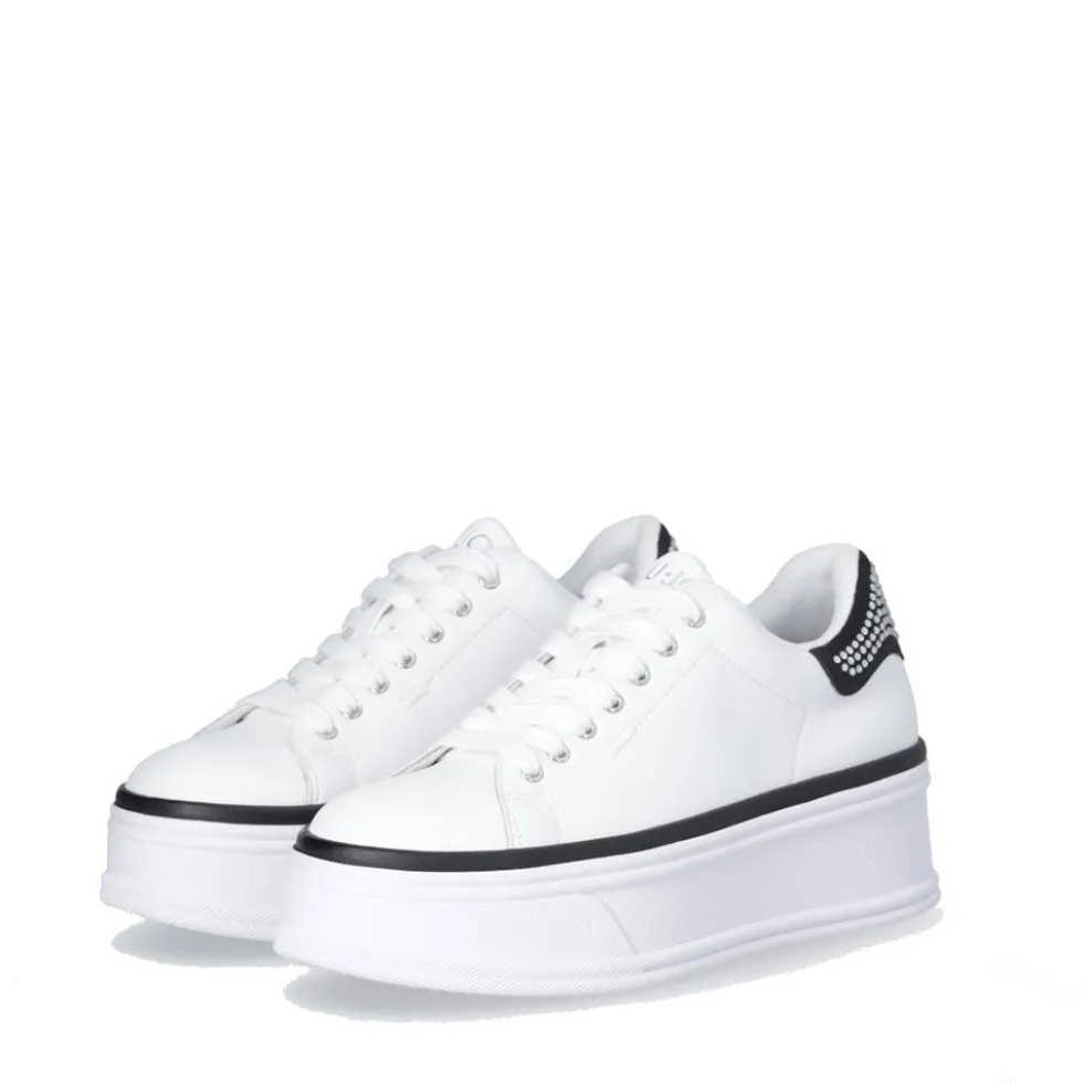 Sneakers Platform LIU JO Selma 16 in Pelle Bianca con Inserto in Raso Nero con Strass