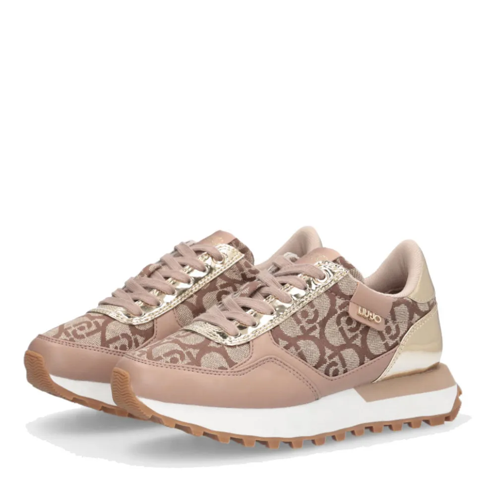 Sneakers Running LIU JO Evelyn 915 in Tessuto Jacquard con Logo Monogram Beige Gold